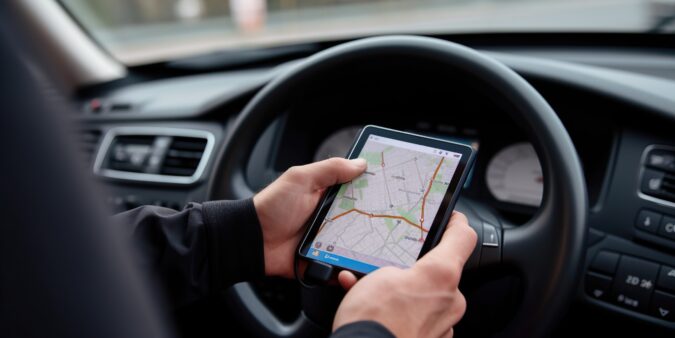 A delivery driver using gps navigation to optimize their route, displayed against a tech-savvy, efficient background, concept of Efficient logistics, created with Generative AI technology