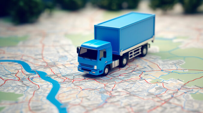 Gps tracking from top view moving truck with container on a map.